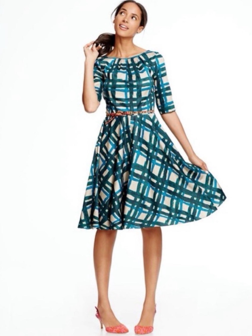 Boden Teal and Cream Plaid Fit-and-Flare Midi Dress Size US8L/Medium